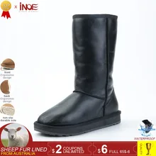 INOE Classic real sheepskin leather sheep wool fur lined high man winter snow boots for men winter shoes waterproof 34-44 black
