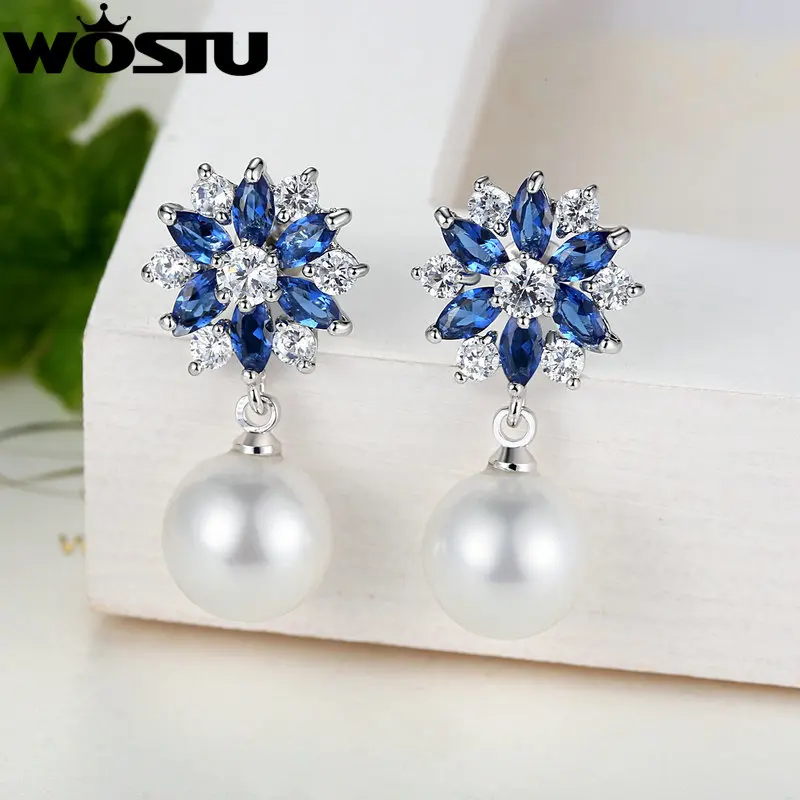 アクセサリー ALL BLUES PEARL EARRING TWO PAIR SILVER Wholesale Luxury Silver Color Drop Earrings With Sparkling Blue