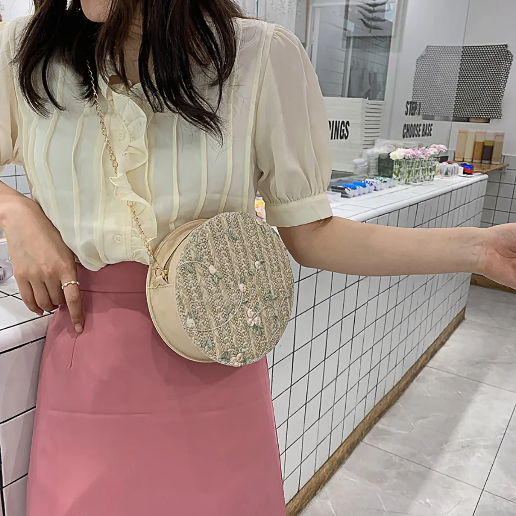 

New Straw Small Round Bags Fashion Handbag Streamer Shoulder Messenger Beach Scarves Clutches Top-Handle Handbags Bag Women Girl