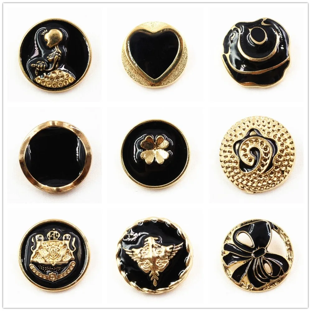 10 шт., 15 мм классические модные черные золотистые металлические пуговицы, материалы ручной работы, аксессуары для одежды, кнопка масляного слова