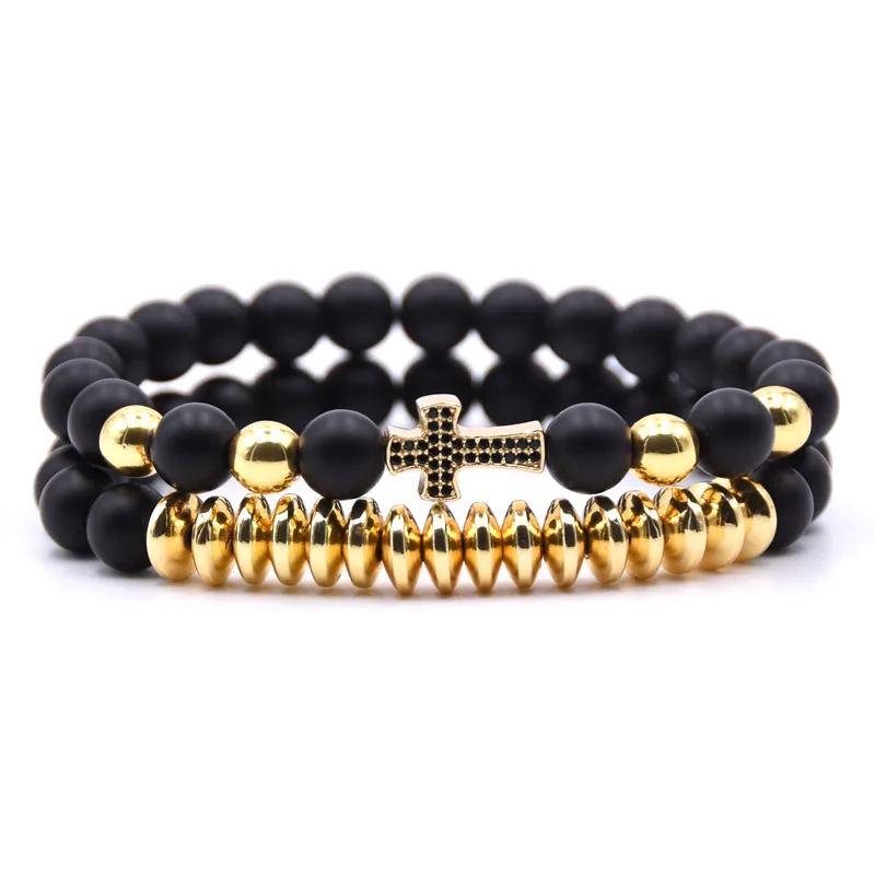 

Kang hua 2 pieces/set Trend 8mm Matte Black stone bead bracelet Micro Pave CZ Cross bracelets for men&women jewelry Bijoux