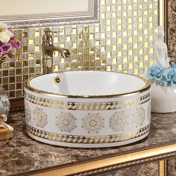 

China Artistic Handmade Art wash basin Ceramic Counter Top Wash Basin Bathroom Sinks porcelain ceramic wash basin gold pattern