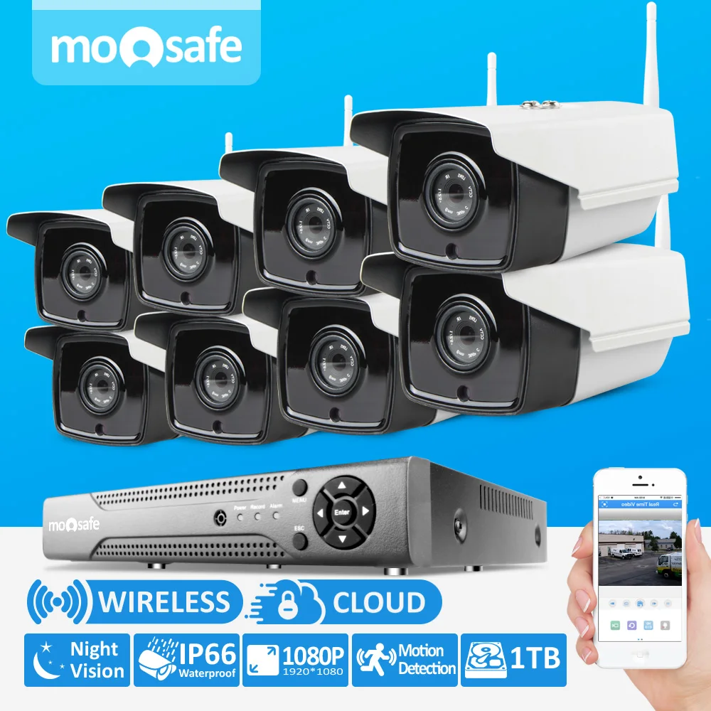 Moosafe 8CH 2mp wireless cameras System ip66 waterproof 4 Array LED Night Vision Motion detection Onvif Surveillance System