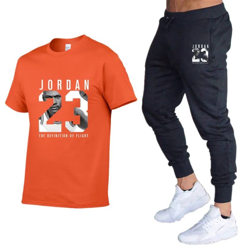 Мужские летние комплекты из двух предметов, футболки+ брюки, мужские хлопковые топы, модные футболки Jordan 23, футболка высокого качества, спортивные костюмы, 2 комплекта - Цвет: Orange 76