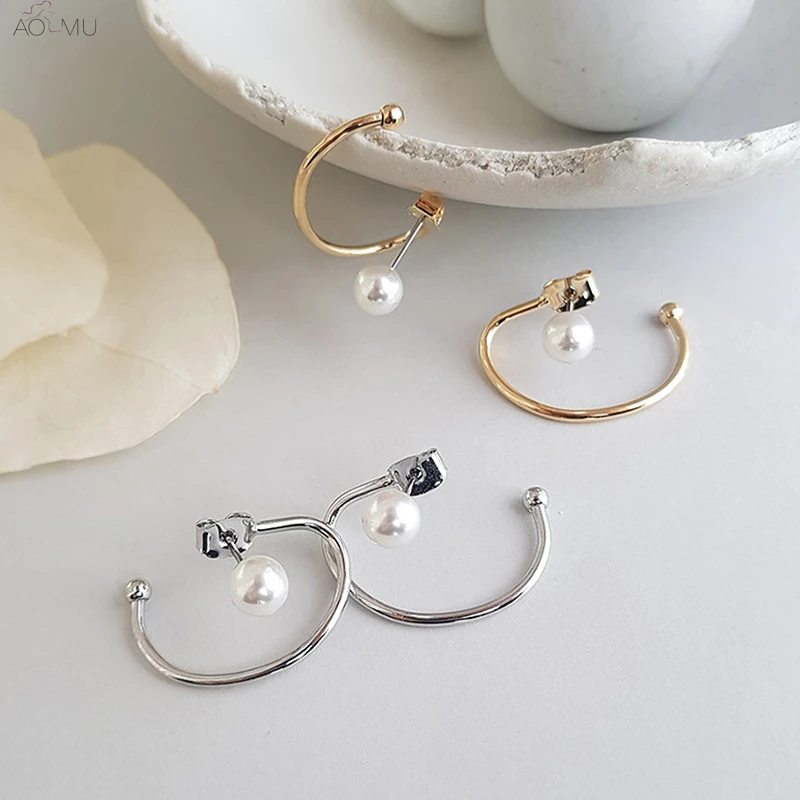 

AOMU Simple Golden Silver Metal Pearl Hollow Geometric Circle Round Big Hoop Earrings for Women Prevent Allergy Party Jewelry