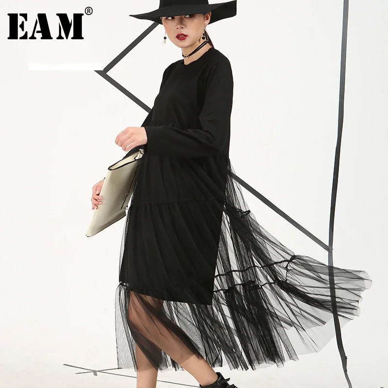 [EAM] зима осень новая гавань черный цвет шить перспективы Марля свободные большие размеры с длинными рукавами Сетчатое платье женские AS3361