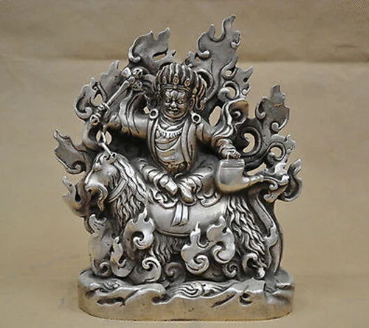 

8'' China Tibet Mahakala Protector Buddha Ride Sheep Goat Silver Bronze Statue decoration bronze factory outlets
