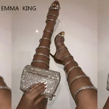 Роскошные сандалии со стразами и несколькими ремешками; Mujer; длинные сапоги; сандалии-гладиаторы на тонком высоком каблуке с украшением в виде кристаллов