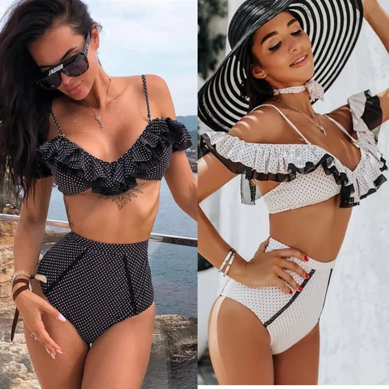 

Ruffle Lace Bikinis Push Up Swimwear Women Two Piece Swimsuit High Waist Bikini Set 2019 Female White Dot Print Halter Biquini