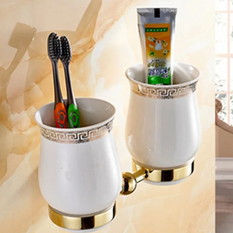 Настенный латунный золотой две чашки держатель зубных щеток для ванной подвязки стакан