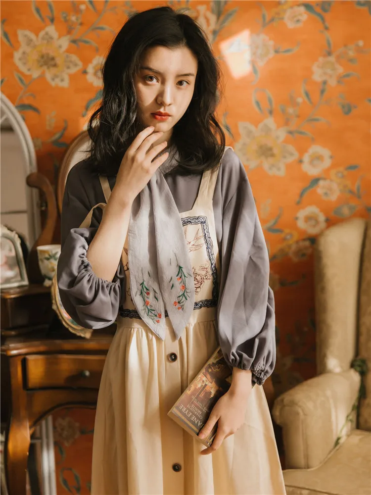 

2019 new fashion women's two piece set Retro shirt straps two-piece dress spring and autumn