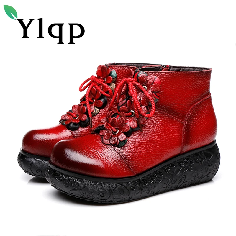 

Ylqp Brand 2018 Winter Short Boots for Women Thick Soles Folk Wind Real Leather Boots Black Red Vintage Floral Shoes Botas Mujer