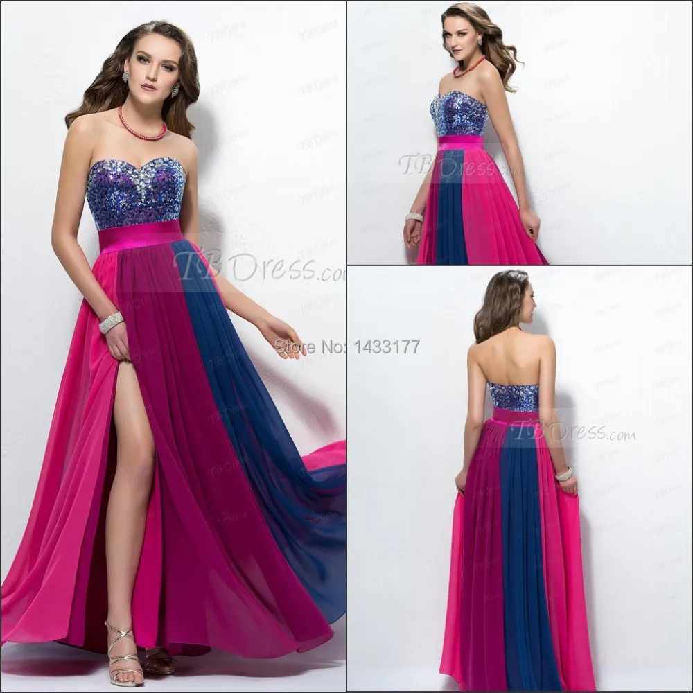 

Chiffon Colourful Shinning Sweetheart Split-Front Beading Sequins Long Prom Dress 2015 A-Line Sexy Evening Gown Custom Made Z259