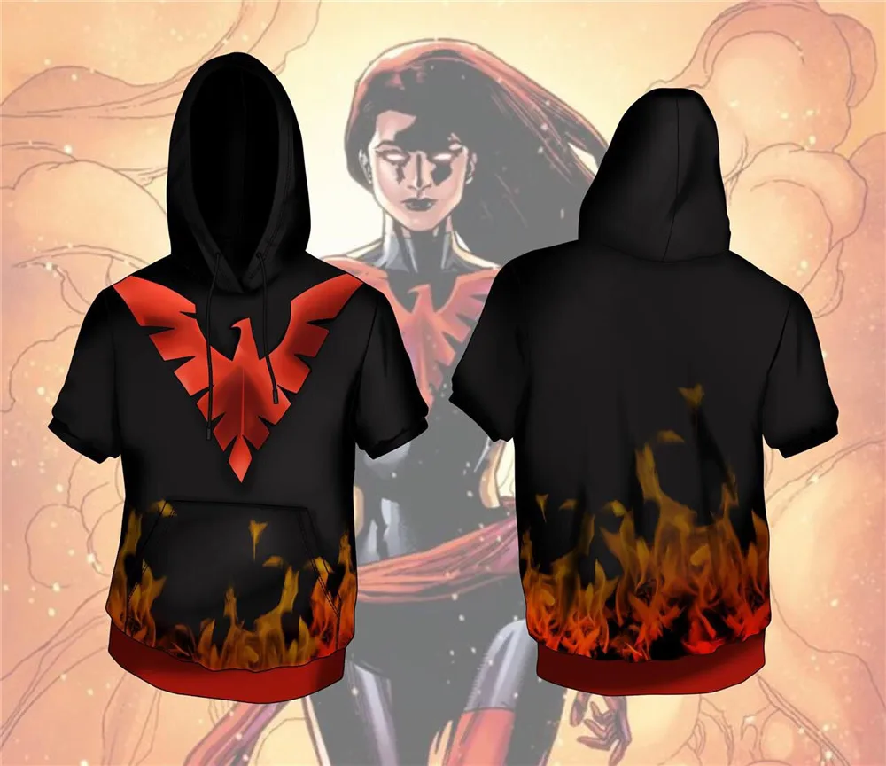

Cosplay X-Men: Dark Phoenix costume Summer Short Sleeve Hooded T-Shirt Baseball Unisex Top Superhero Battle Uniform Hoodie