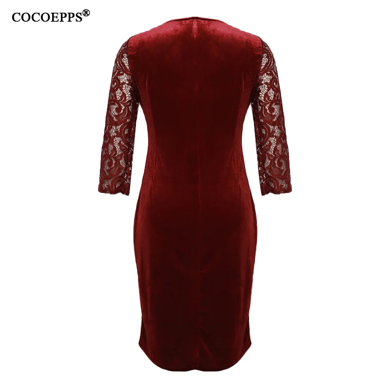 COCOEPPS Large Size Thicken lace Autumn Winter Women Velvet Dress L-6XL Female Clothing Plus Size Red Tunic Dress Vestidos