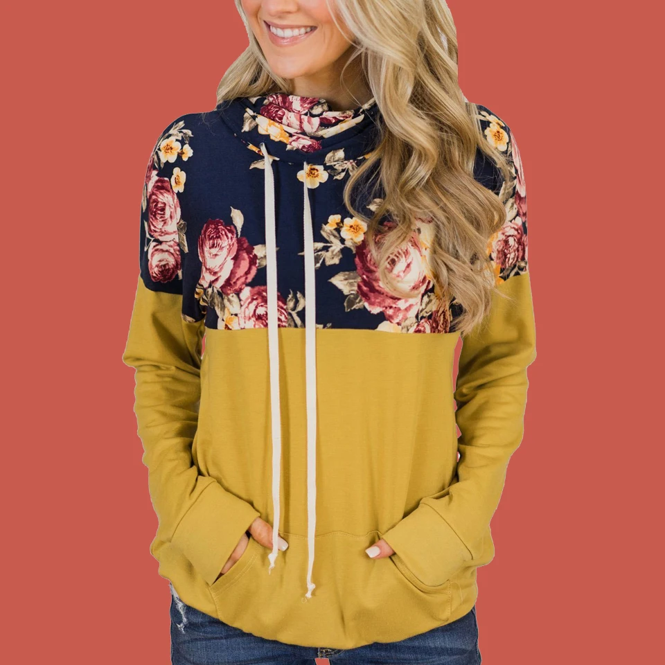 

Turtleneck Sweatshirt Cute Pink Lace Up Drawstring Hoodie Yellow Poleron Mujer 2019 Casual Vintage Floral Hoodie Patchwork Women