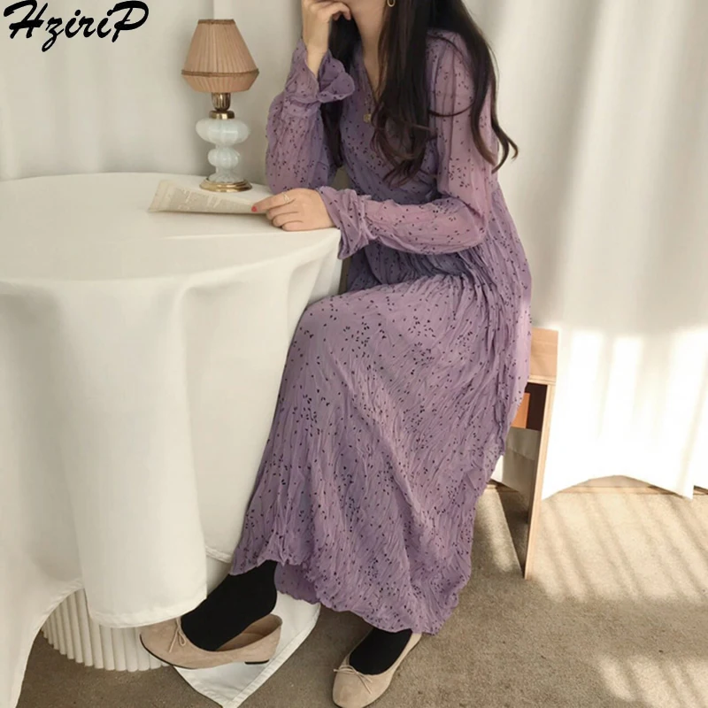 

HziriP Women Sweet Dress 2019 New Spring Autumn Stylish Elegant Vintage Pleated Dot Slim V-Neck Long Sleeve Dresses 4 Colors
