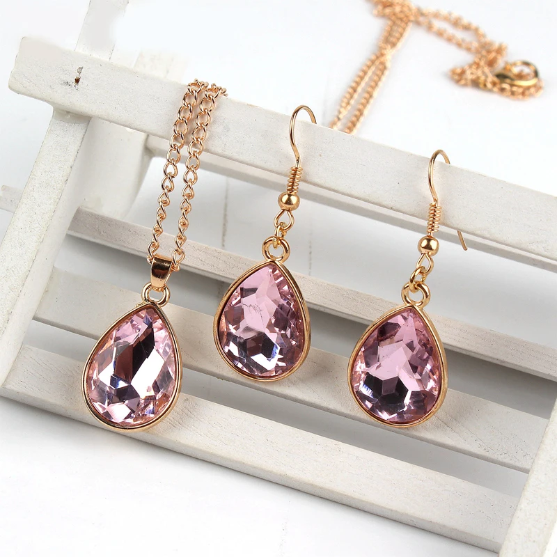 

1 set Rose Gold Water drop Pendant Necklace & earrings Fashion Jewelry Pink