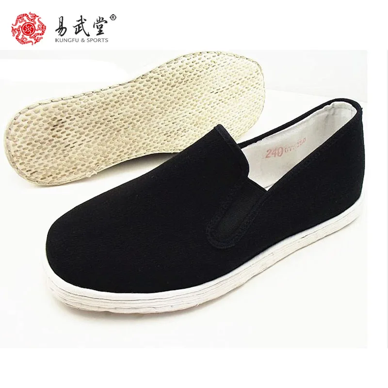 Martial Arts Kung Fu Tai Chi Shoes Chinese Traditional Old Beijing Cotton Sole Canvas Unisex Black Slip-On Shoes Jogging Walking