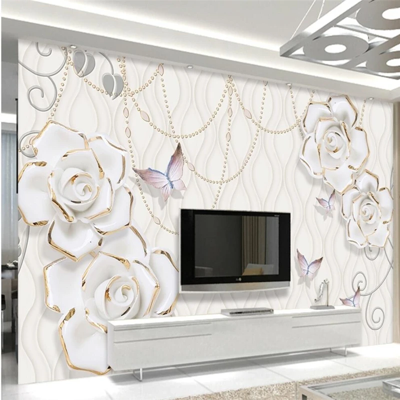 Beibehang de papel 3d foto romántica europea blanco flor casa y alivio TV Fondo papel de parede