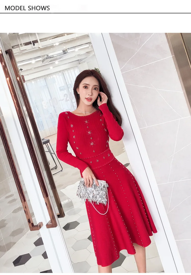 Luxury Goddess Spring Knitted Ball Gown Dress Fashion Women Red Beading Sweater Dress High Quality Elastic Dresses L2825