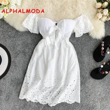 ALPHALMODA Новое Сексуальное Белое платье без бретелек с v-образным вырезом и мягкой эластичной спинкой женское летнее мини-платье с открытыми плечами