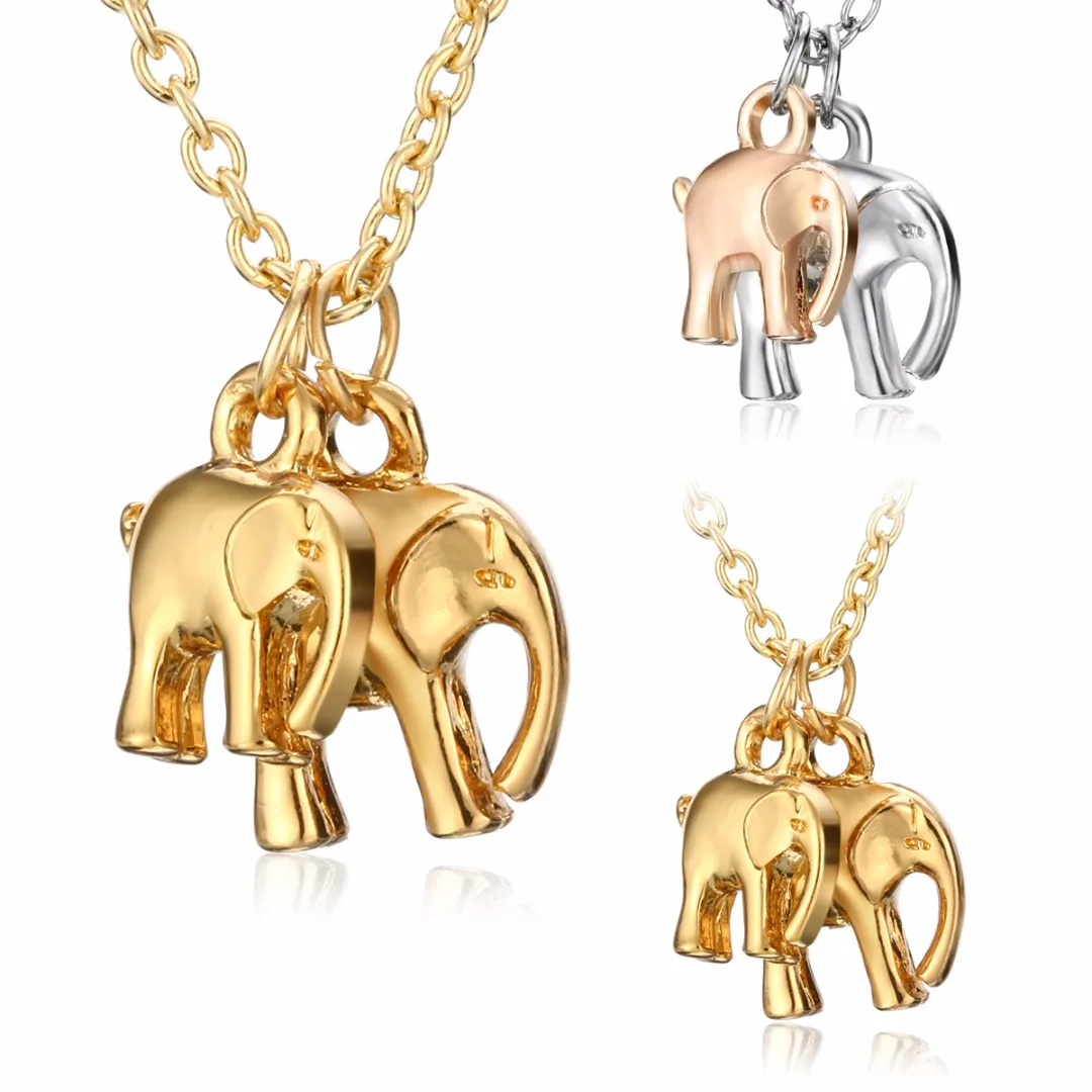 

Vintage Double Elephant Pendant Necklaces Charm Silver Gold Mom and Baby Long Chain Necklace collares Shellhard Mother Gift