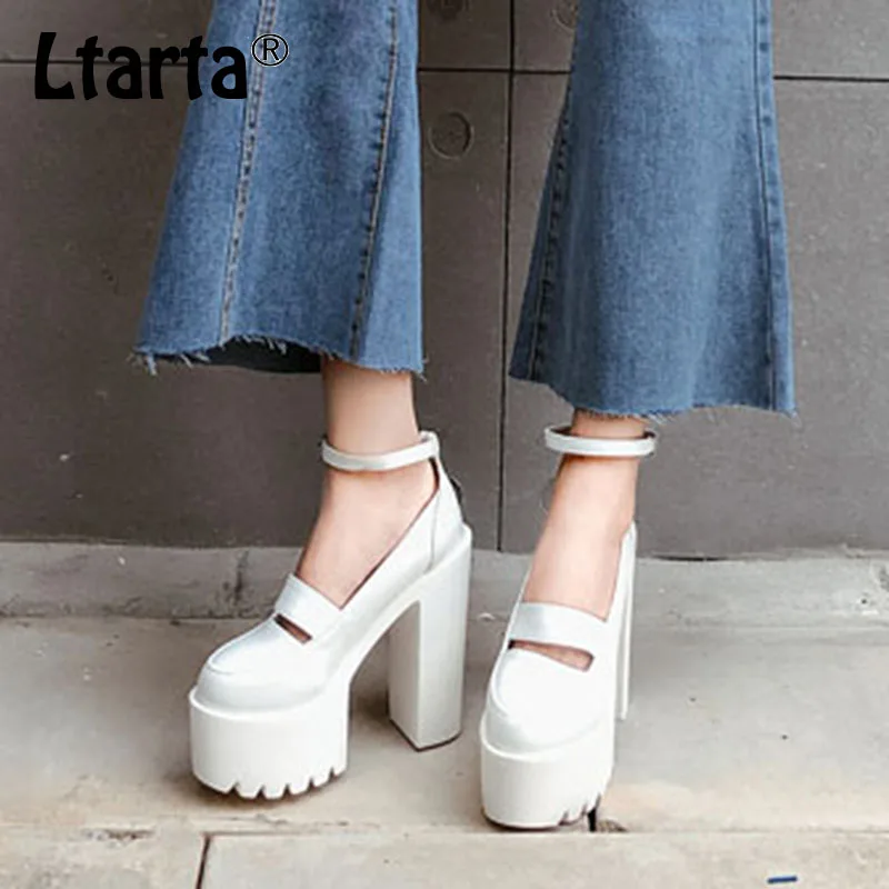 

LTARTA 15cm Shoes Bride Women Pumps 2019 New White Leather Platform High Heels Shoes Ankle Strap Spring Autumn Comfor JXQ-A6-6
