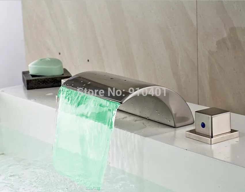 

Hot Sale Wholesale And Retail Promotion Deck Mounted Widespread Brushed Nickel Bathroom Faucet LED Spout Sink Mixer Tap
