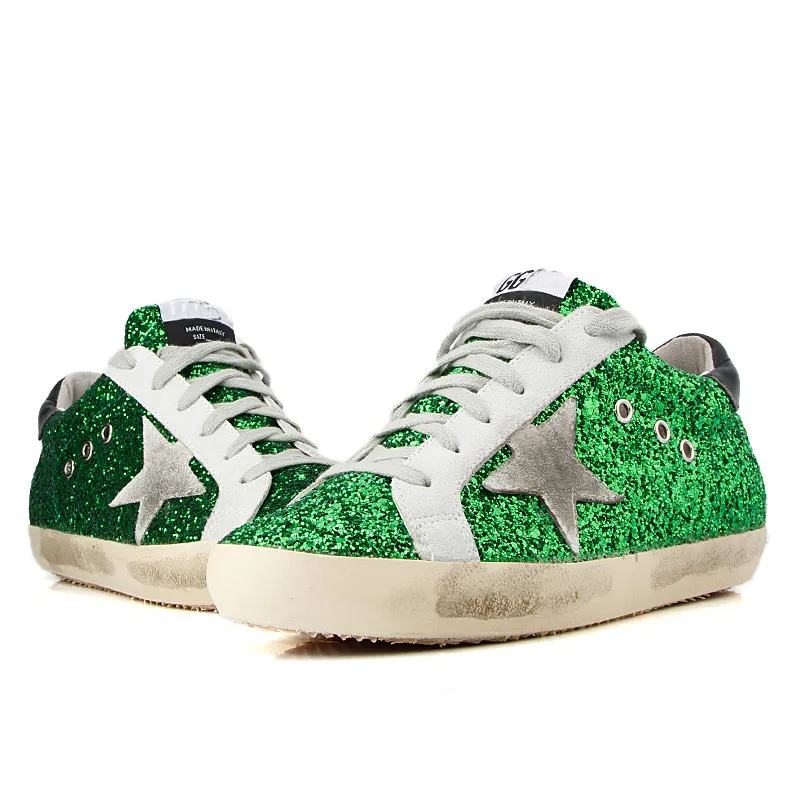 

2018 fashion autumn and winter new men flash star casual gold shoes flat spring distressed leather silver green lace retro old d