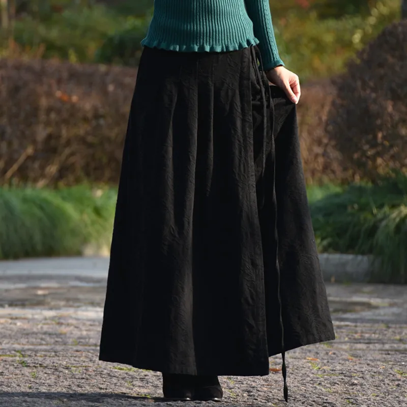 Free Shipping 2023 New Fashion Chinese Style Long Maxi A-line Adjusted Waist Women Autumn And Spring Cotton Thick Flowers Skirts