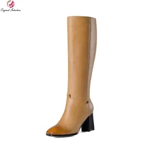 Оригинальное предназначение; новые модные женские сапоги до колена; сапоги на квадратном каблуке с квадратным носком; цвет черный, желтый; женская обувь; большие размеры США 3-10,5