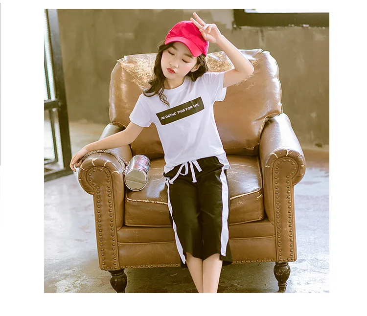 Soft Cotton Teenage Girls Clothing Set 2019 Summer Letter Print Tshirt Tops Pants 2-piece Kids Clothes Suit For Children Outfits (19)