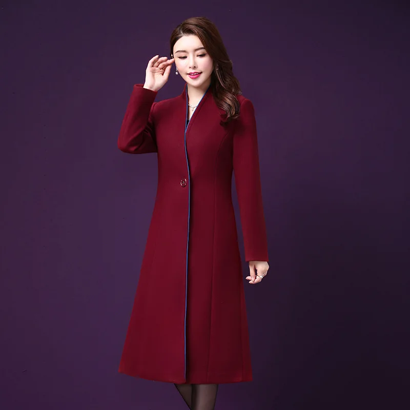 Femmes Mélange Solide Automne V Bouton bourgogne Unique Manteau Bureau Bleu fuchsia Poches Veste Hiver Et Mode Marine Longue Mince Laine Manteaux Cou Sx6z4q
