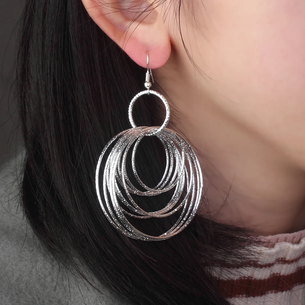 

Exaggerated Geometric Round Big Dangle Earrings Multi-layer Gold Silver Color Statement Earrings for Women Fashion Party Jewelry