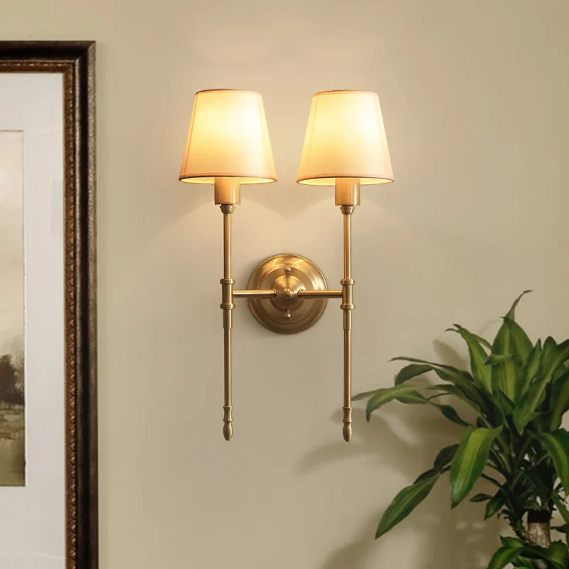 

American Copper Wall Lamp Bedroom Bedside Lighting Mirror Headlights Simple Fabric Living Room Corridor Aisle Wall Light