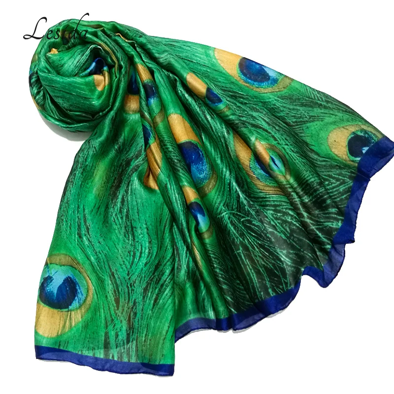 Lesida Элитный бренд Для женщин зеленый шелковый платок Павлин Перо принт Шарфы для женщин большой Размеры echarpes Femme Cachecol foulards 180*90 см 3004