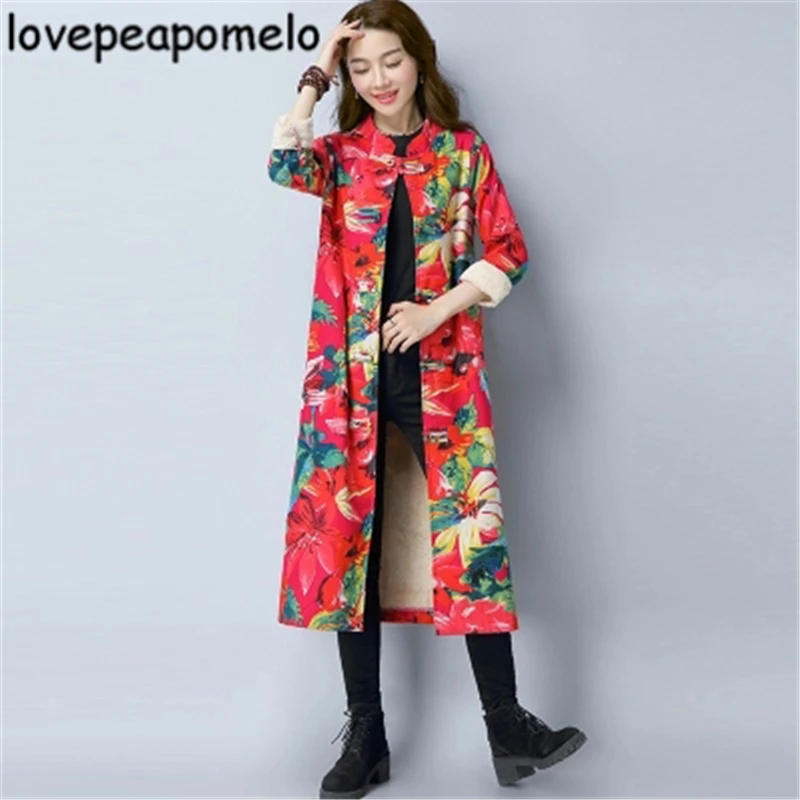 Осенне-зимняя ветровка большого размера, женские костюмы, винтажное пальто с цветочным принтом, свободный женский длинный Тренч большого размера J323
