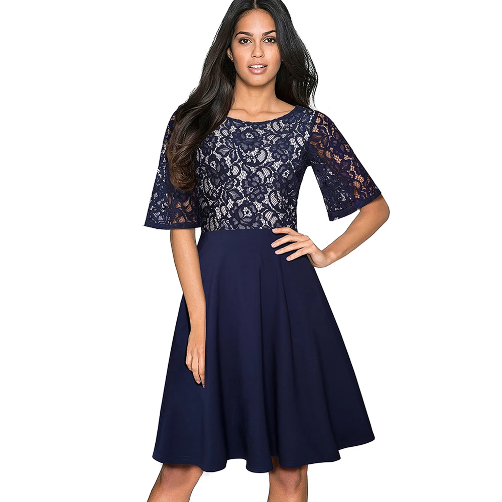 Women Elegant Vintage Embroidery Lace Back O-Neck Casual Party Cocktail Special Occasion Fit and Flare Swing A-line Dress EA064