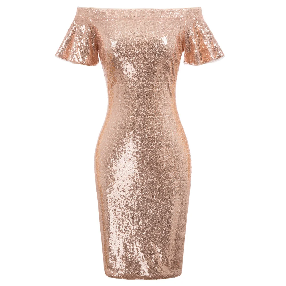 

GK Sexy Women's Glitter Dress New Sequined Short Sleeve Off Shoulder Hips-Wrapped Bodycon Dress