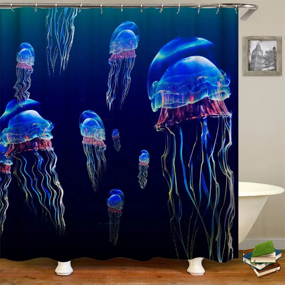 Nature Colorful Ocean Life Navy Blue Jellyfish Waterproof Polyester