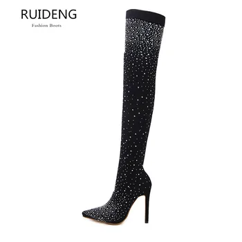 

NEW women over the knee boots high heel sexy spring and autumn silp on pointed toe fashion shoes Handmade stretch fabric solid