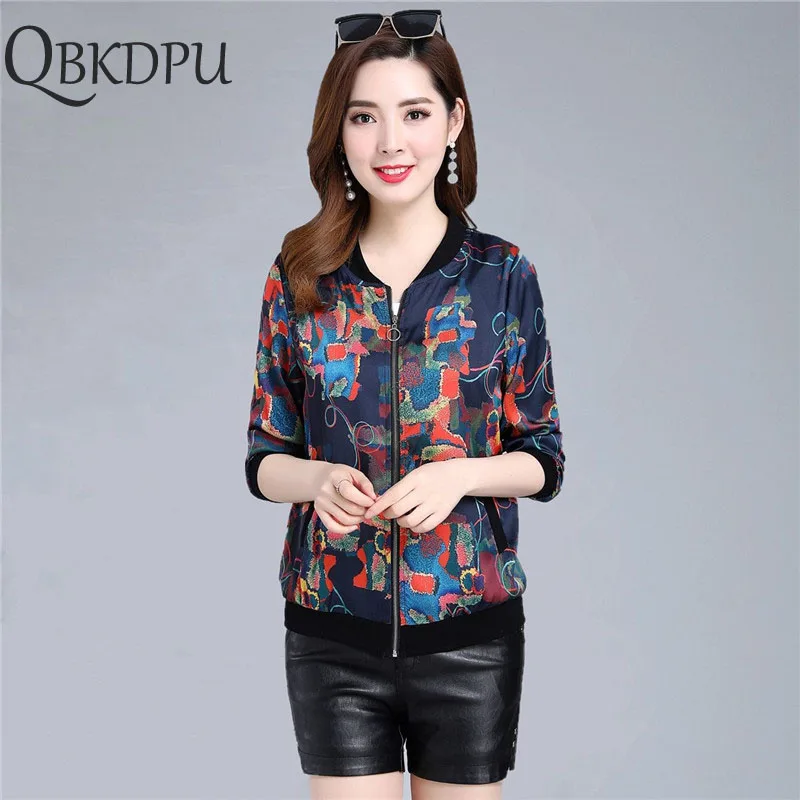

2019 spring summer thin Printed Sun protection clothing Mom's Simulation Silk jacket women female short paragraph Plus size coat