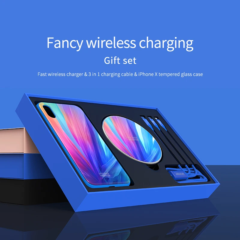

For Apple iphone X Tempered Glass Case +3 in 1 Cable +Fast Wireless Charger NILLKIN Fancy Wireless charging Gift Set