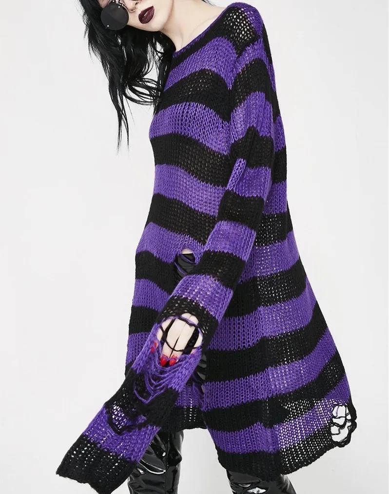

Autumn Winter New Women Striped Knitted Sweater Gothic Transparent Hole Long Pullover Fashion O-neck Loose Sweaters