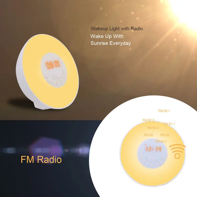 

Sunrise/Sunset LED Lights with Digital Alarm Clock Wake Up FM Radio Colorful Light With Snooze Function