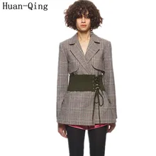 Английский стиль дизайнерская клетчатая куртка Blaser Femenino Осень Подиум женские с длинным рукавом на шнуровке блейзеры пальто верхняя одежда