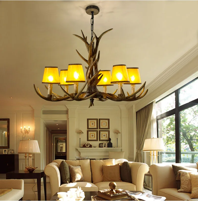 6 8 10 Lights Vintage Deer Chandelier Antlers Resin Chandeliers Candle Fixtures with Alphabet Cloth Lampshade Christmas Decor Lustres 4