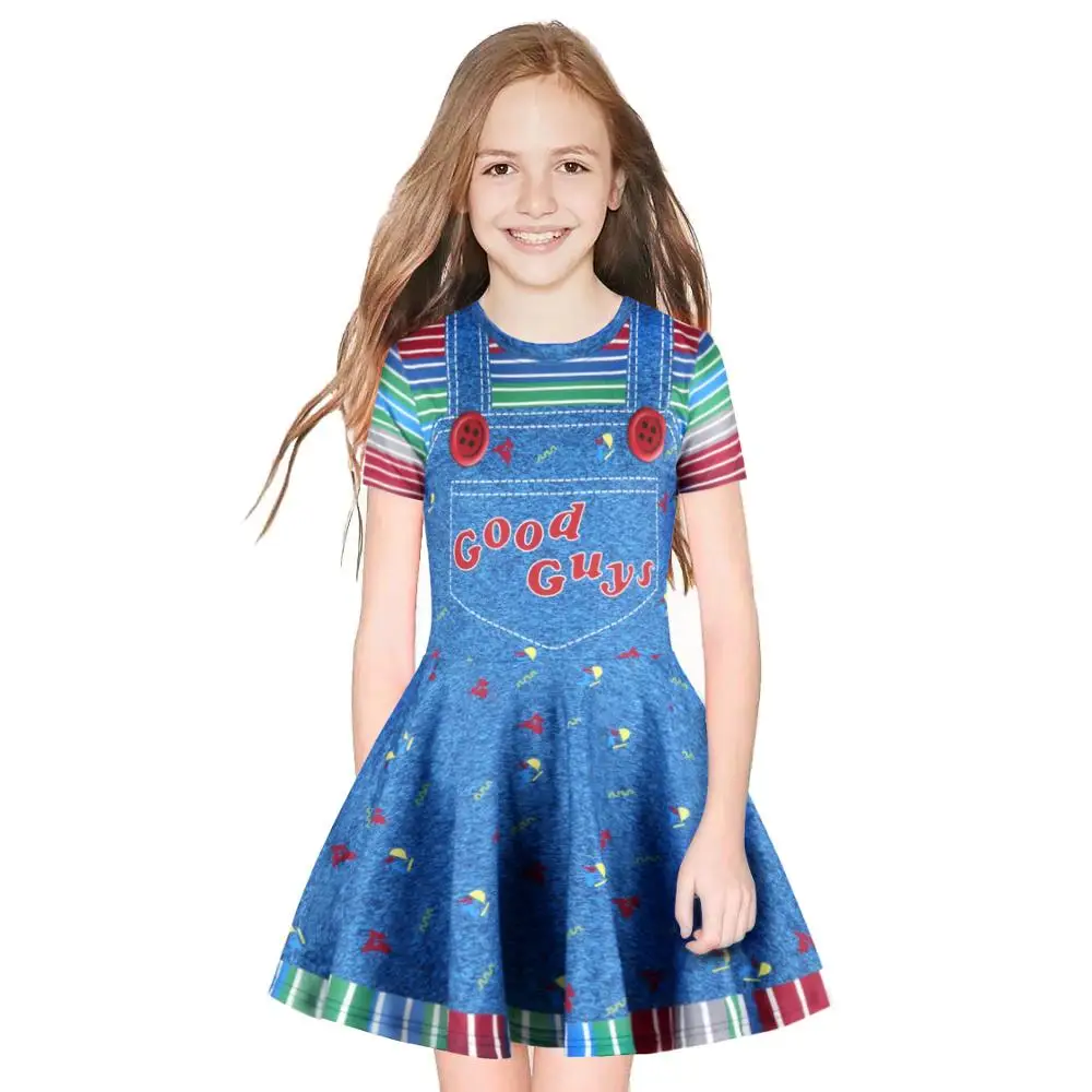 

2019 Spring Summer Girls Letter Digital Cartoon Print Short-Sleeved Dress Girl Slim Cute Pleated Dress 8-11T