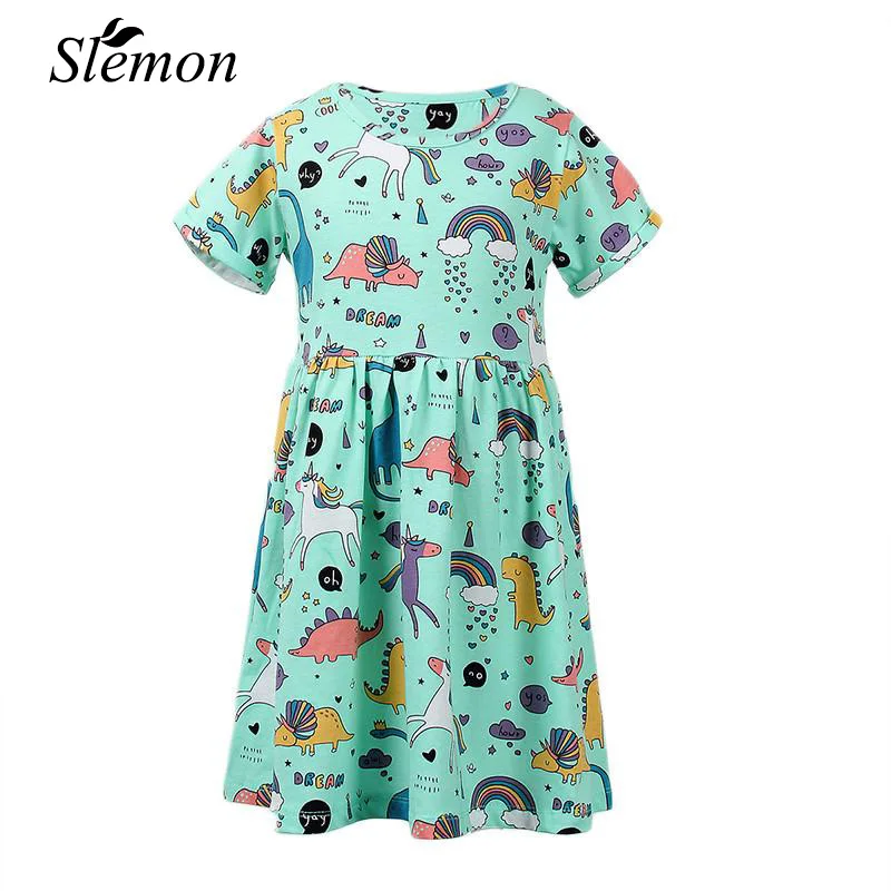 Girl's Unicorn Dresses Clothes Short Sleeve Cartoon Print Animal Cotton Casual Dress New Style ...
